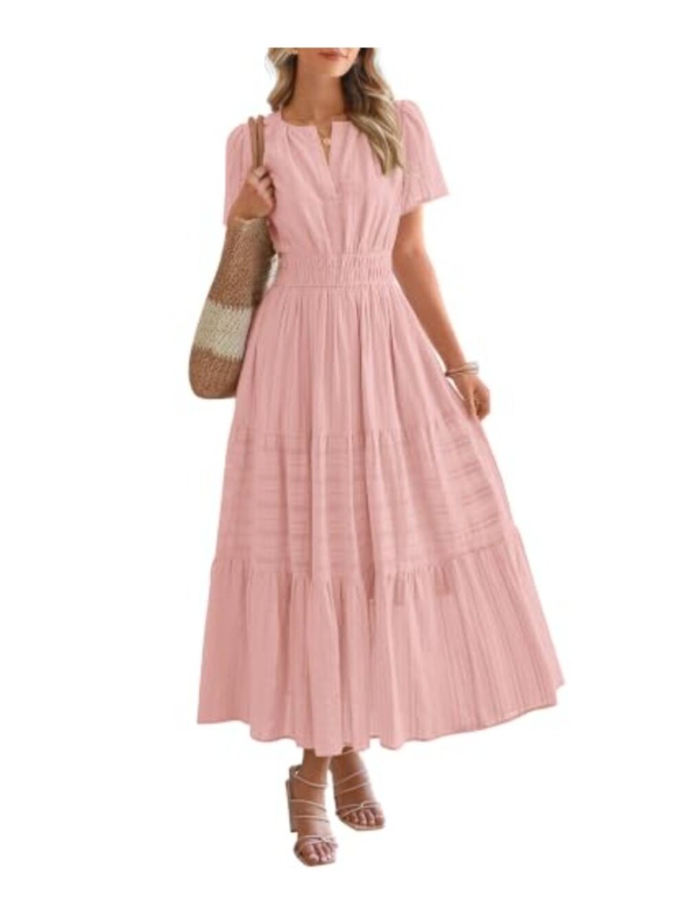 Women Short Sleeve V Neck Elastic Waist Tiered Ruffle Maxi Dress with Pockets